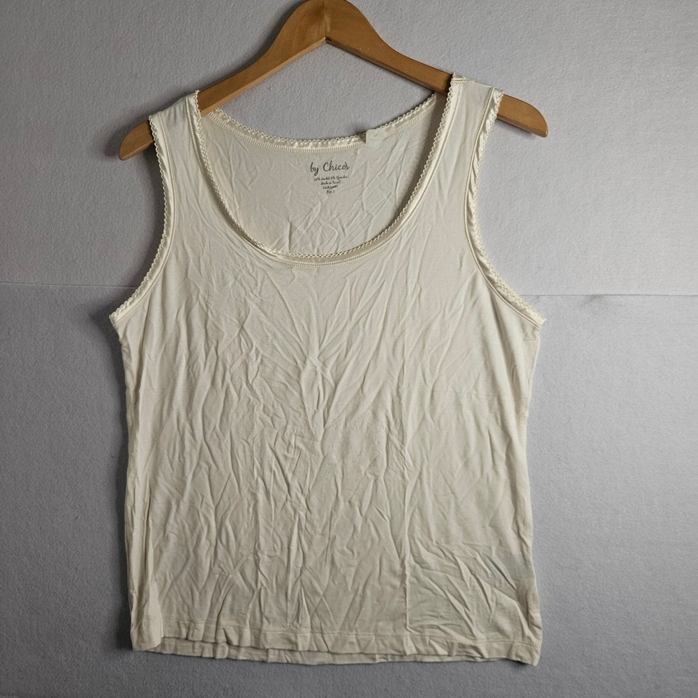 Chicos Cream Ivory Modal Lace Trim Scoop Neck Tank Top Size 2 L‎ Large RN79984